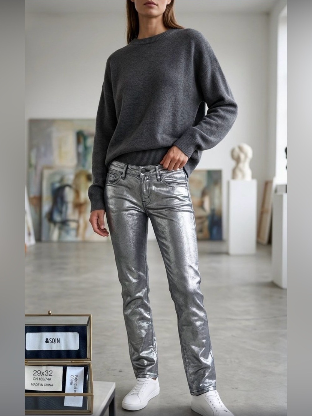Metallic Silver Women’s Slim Jeans size 32x29 never worn
